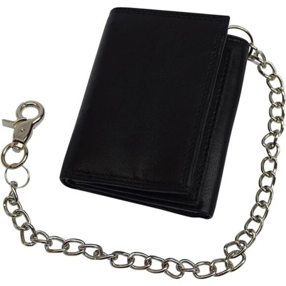 Men's RFID Blocking Premium Leather Chain Trifold Wallet (Black with Chain) - Picture 4 of 7